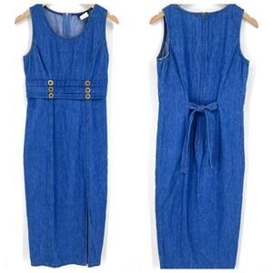 VTG Facets 2 by Mirrors 100% Cotton Denim Maxi Dress Tie Back Bottom Slit Sz 4